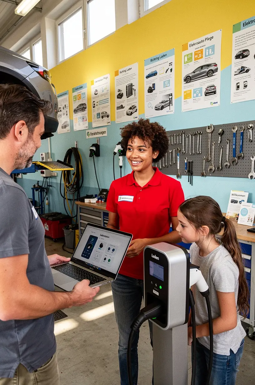 Ladestation für Elektroautos in Deutschland mit mehreren Anschlüssen im Hintergrund