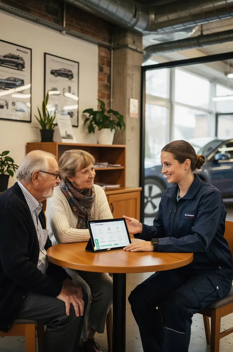 Mechaniker führt Sicherheitscheck an Elektrofahrzeug mit modernem Diagnosesystem durch