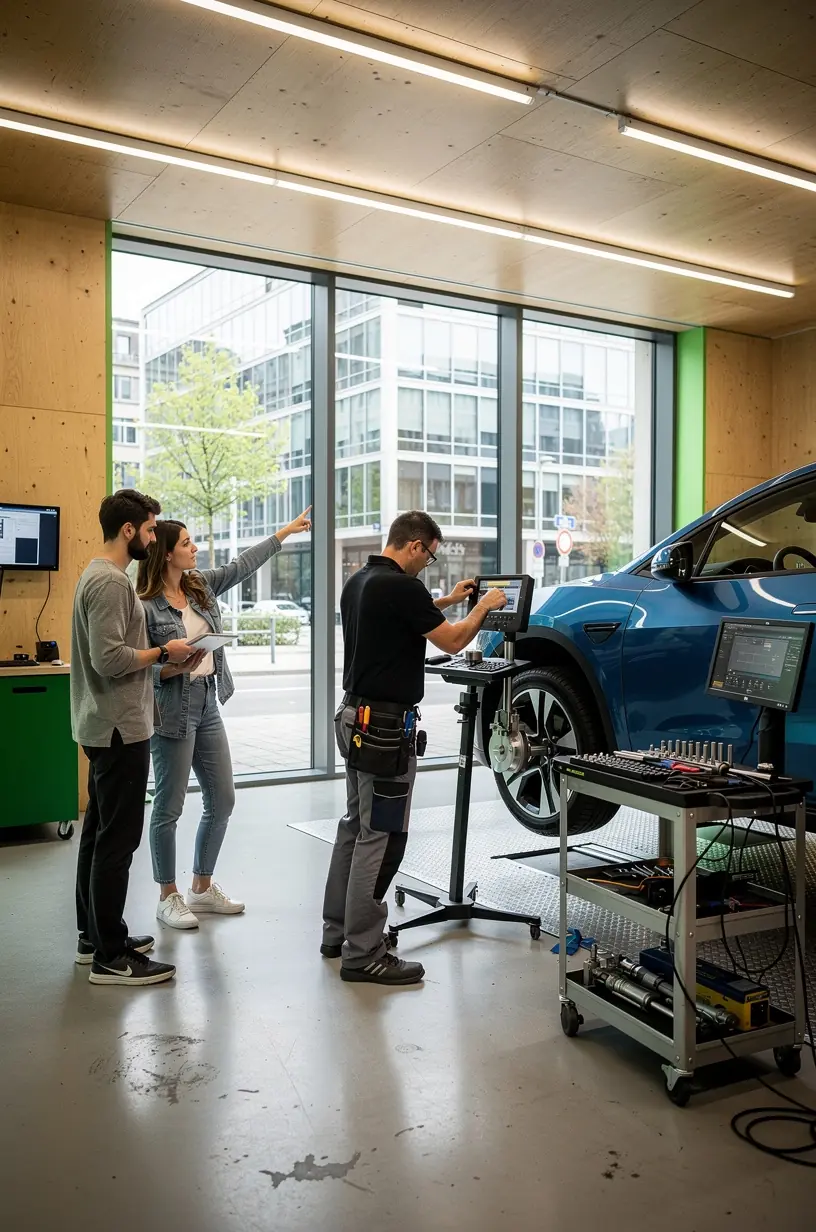 Techniker überprüft Reifenprofil eines Elektroautos mit präzisem Messgerät